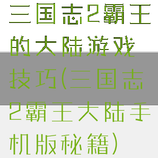 三国志2霸王的大陆游戏技巧(三国志2霸王大陆手机版秘籍)